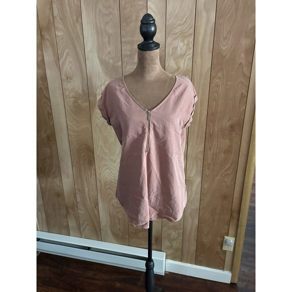 Express‎ Women's Zipper Front Short Sleeve Pink Dusty Rose Top Size Small EUC